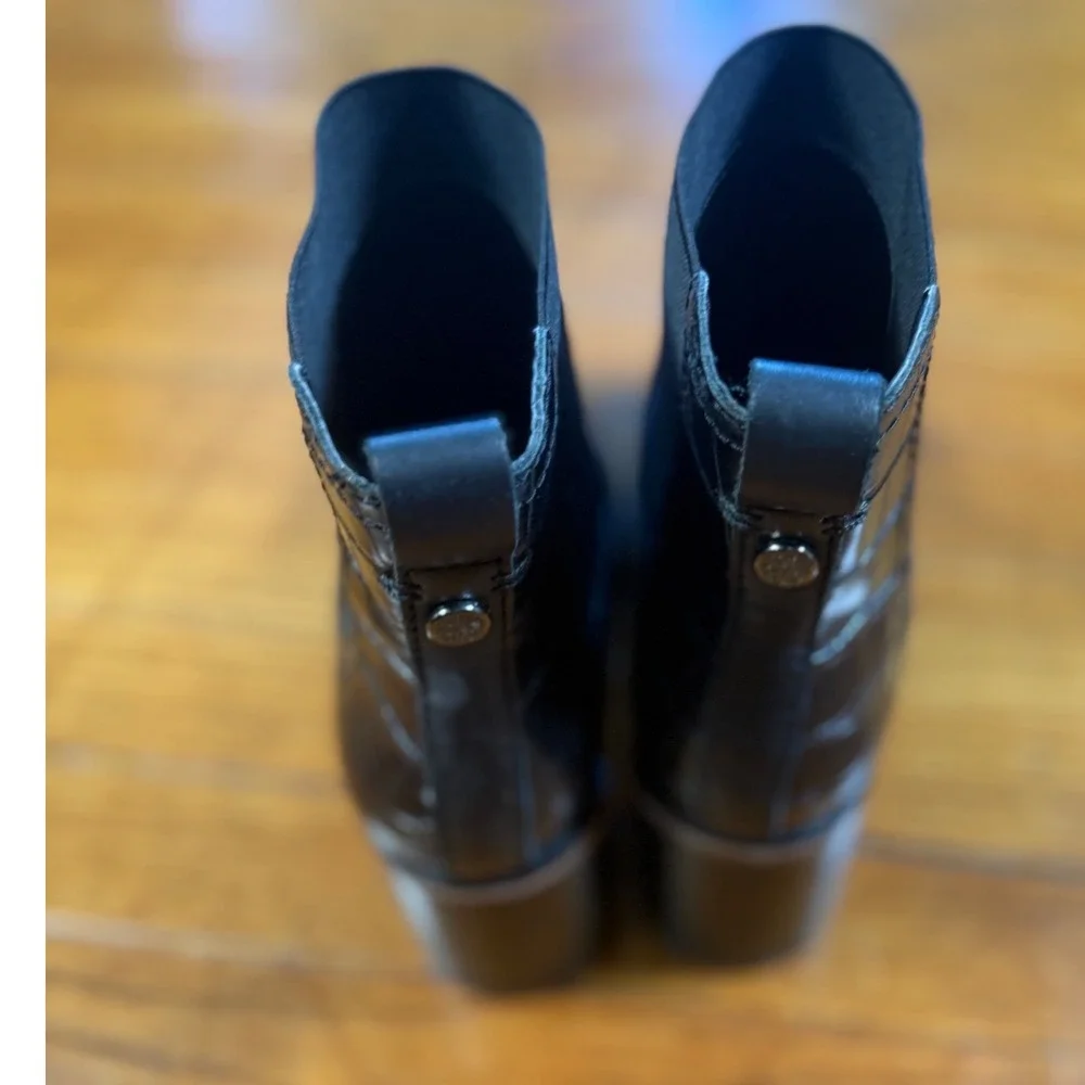 Sam Edelman Black Croc Embossed Leather Chelsea Lug Sole Block Heel Ankle Boots